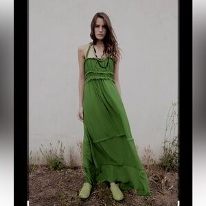 Zara Studio NWT Silk Ruffled Maxi dress, S , green